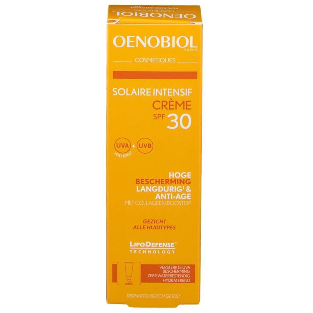 Gele doos met OENOBIOL Solaire Intensif Crème SPF 30. Hoge bescherming, duurzaam & anti-age.