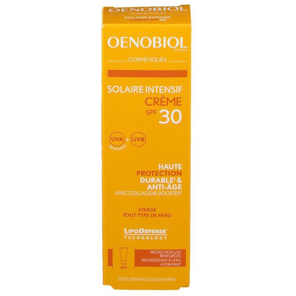 Gele doos met OENOBIOL Solaire Intensif Crème SPF 30. Hoge bescherming, duurzaam & anti-age.