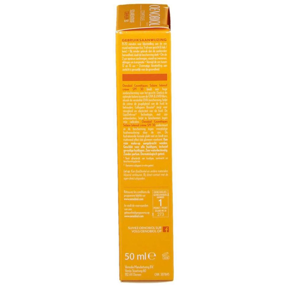 Gele doos, zijkant met gebruiksaanwijzing. Meertalige tekst. 50 ml.