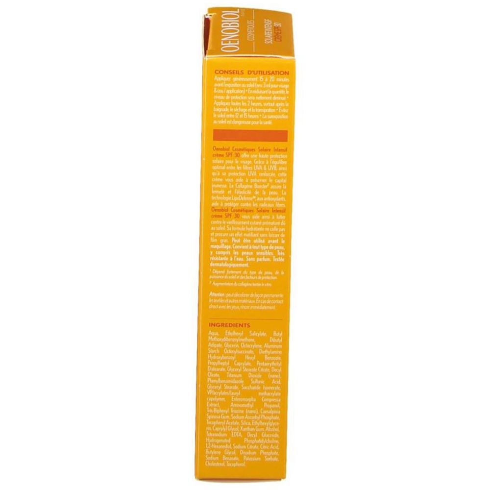 Gele doos, zijkant met ingrediënten en gebruikstips. Meertalige tekst.