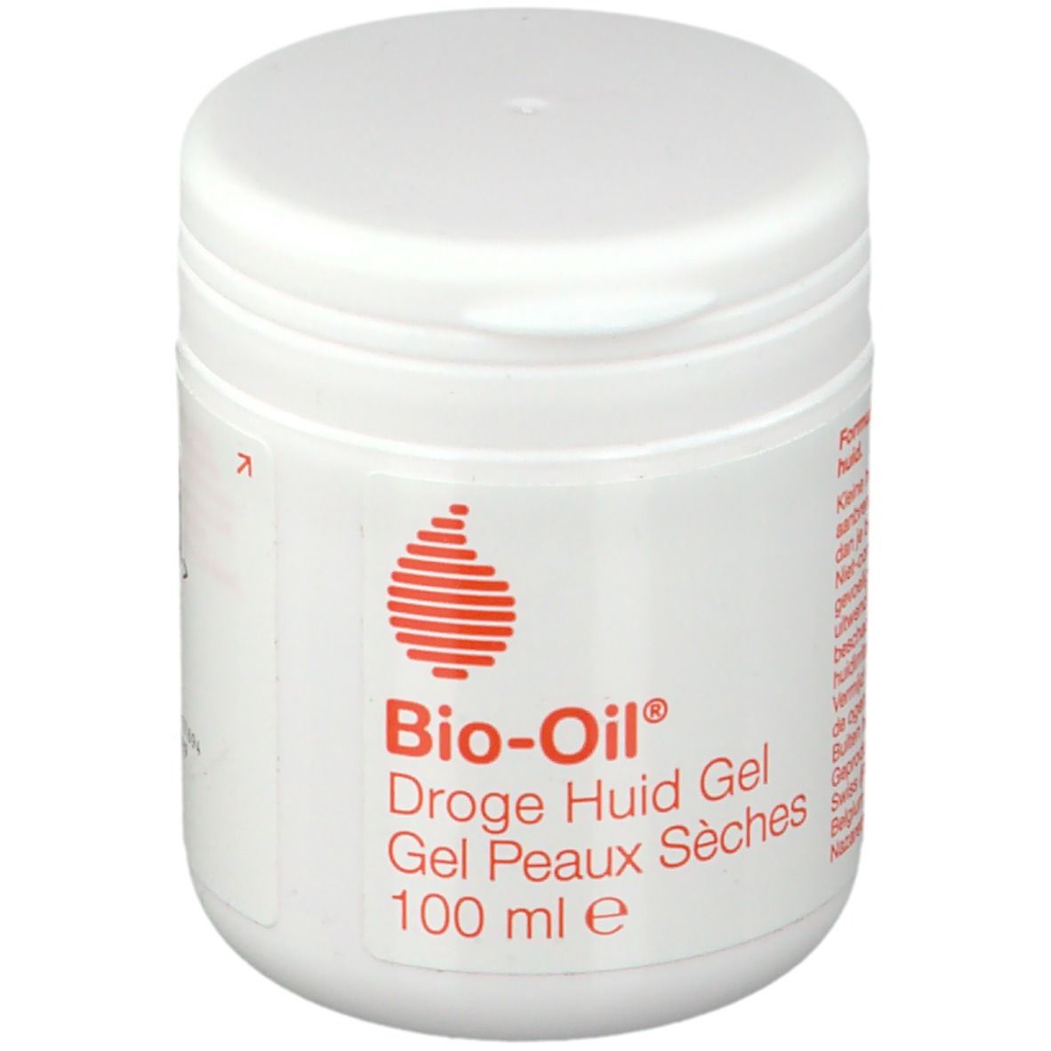 Pot blanc avec logo rouge et texte Bio-Oil. Inscription : Droge Huid Gel, Gel Peaux Sèches, 100 ml e.