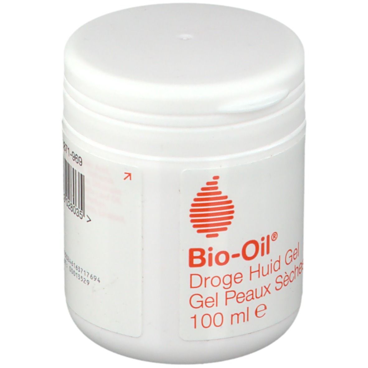 Pot blanc avec logo rouge et texte Bio-Oil. Inscription : Droge Huid Gel, Gel Peaux Sèches, 100 ml e. Code-barres.