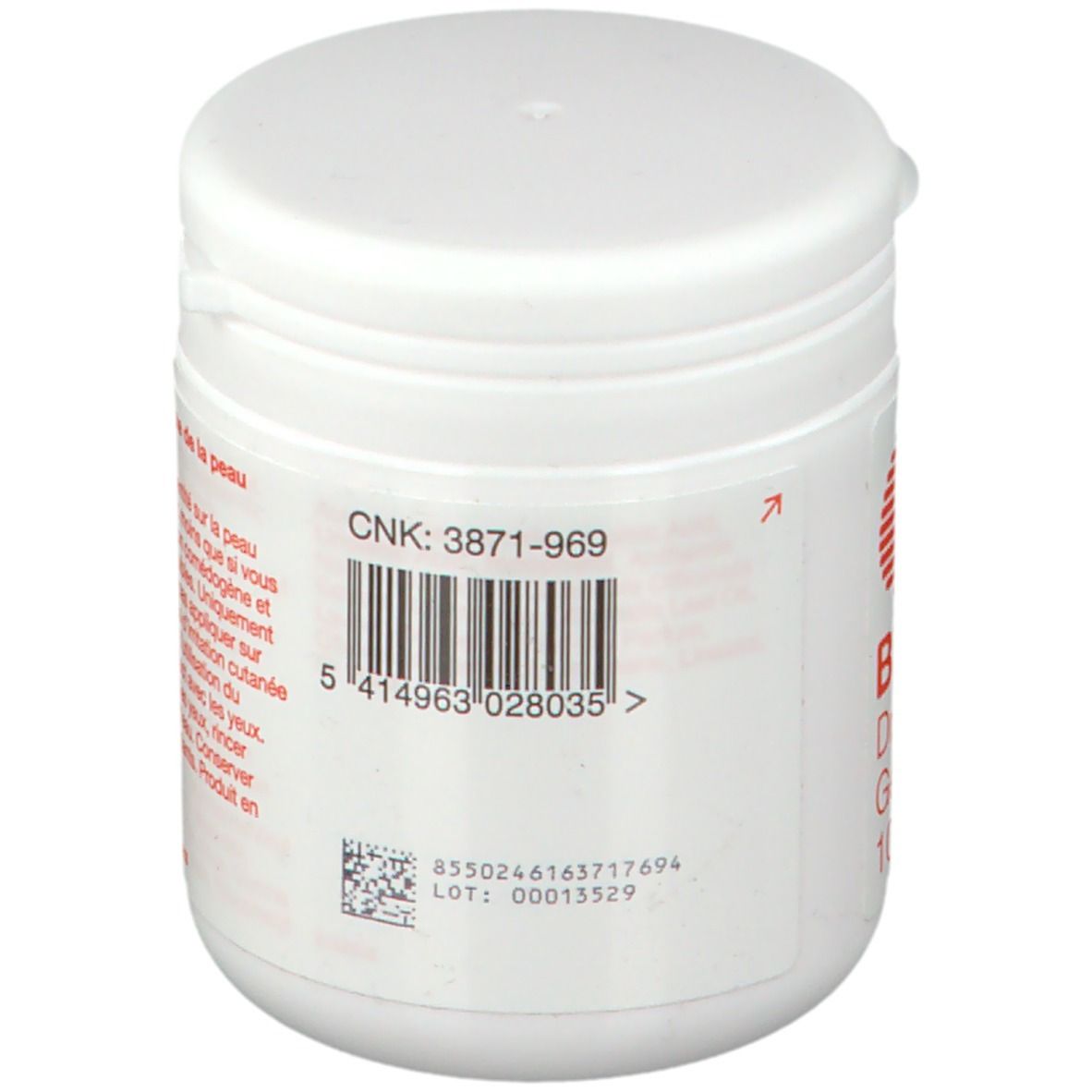 Dos d'un pot blanc. Code-barres et numéro de lot. Inscription : CNK : 3871-969.