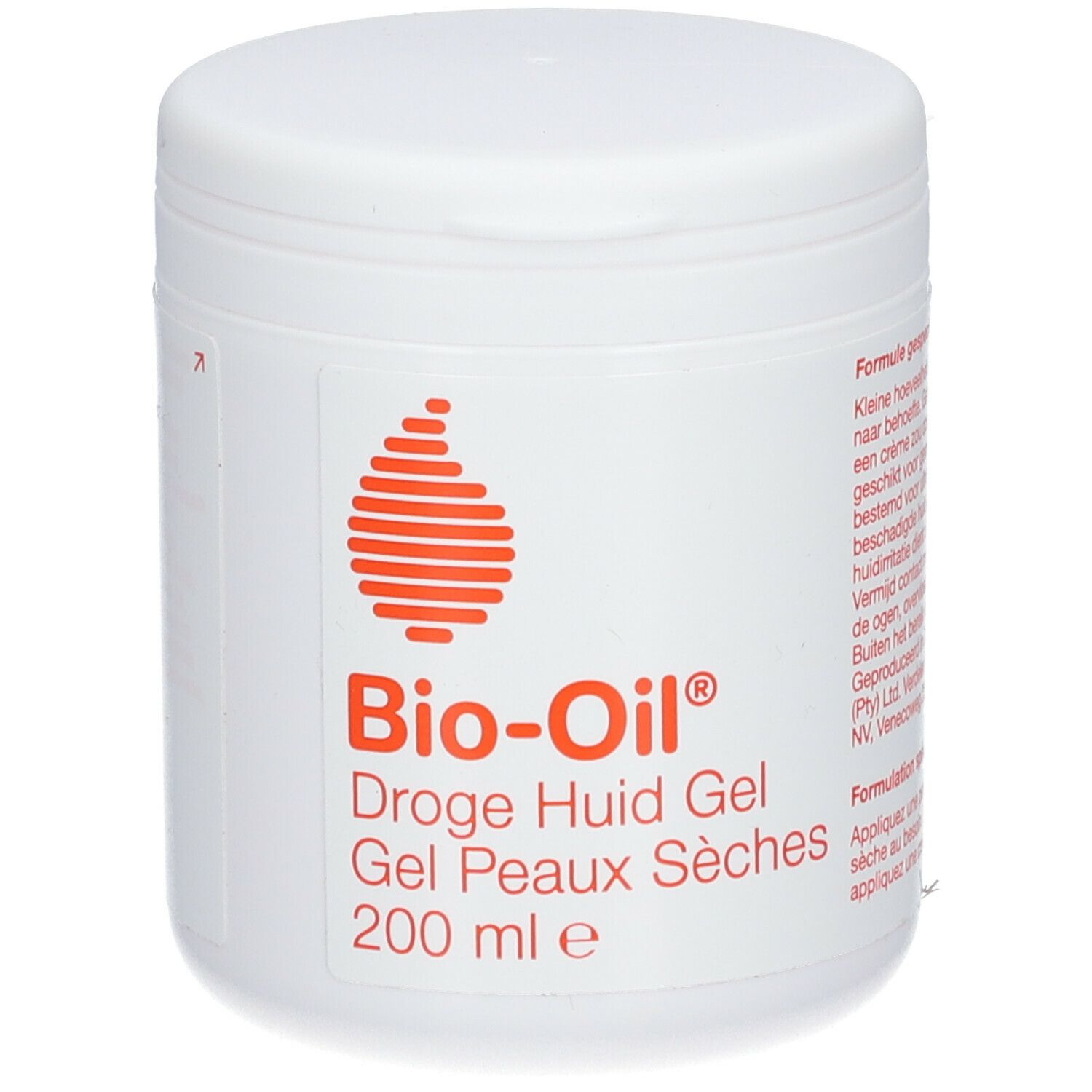 Pot blanc avec logo rouge et texte. Nom du produit : Bio-Oil® Gel pour peaux sèches. 200 ml.