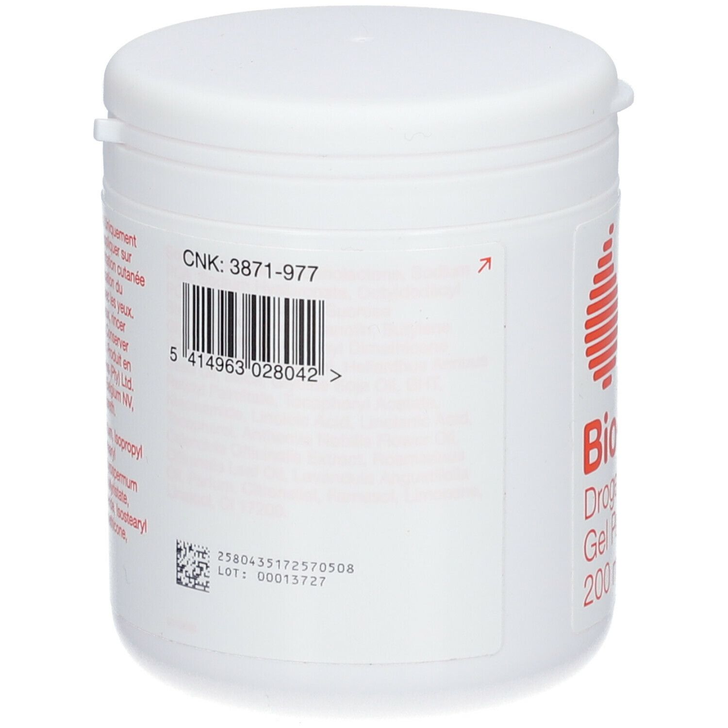 Dos du pot blanc. Code-barres, informations sur le produit et texte. CNK : 3871-977.