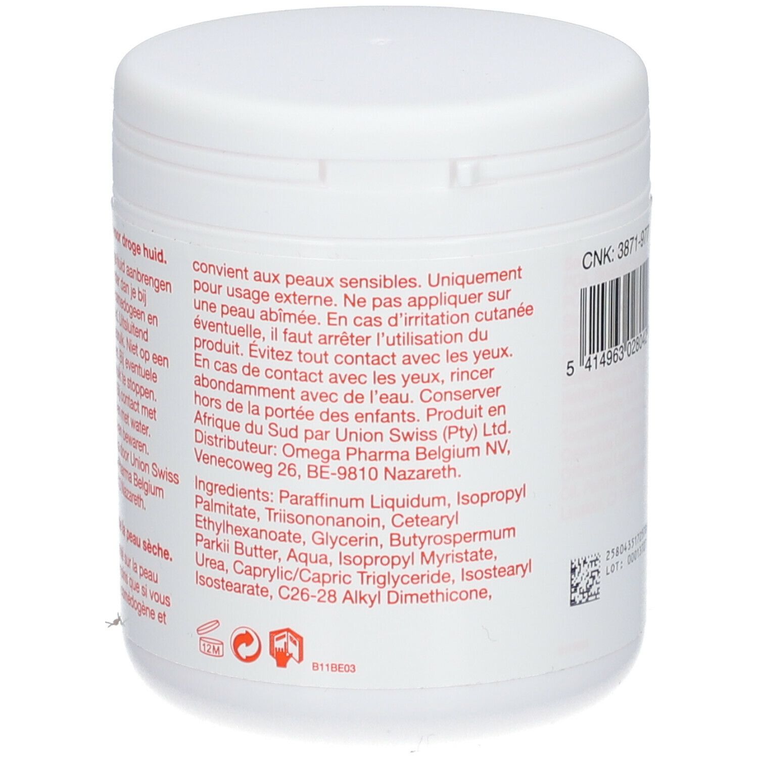 Dos du pot blanc. Informations sur le produit et ingrédients. Texte en plusieurs langues.