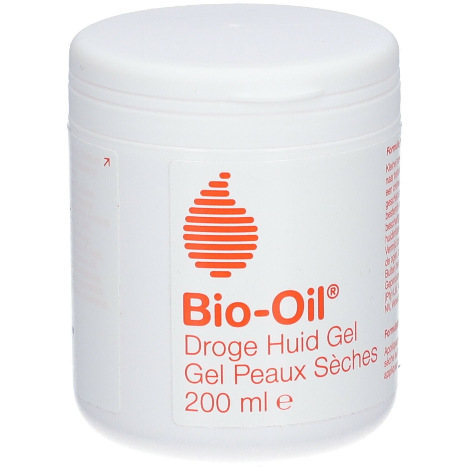 Pot blanc avec logo rouge et texte. Nom du produit : Bio-Oil® Gel pour peaux sèches. 200 ml.