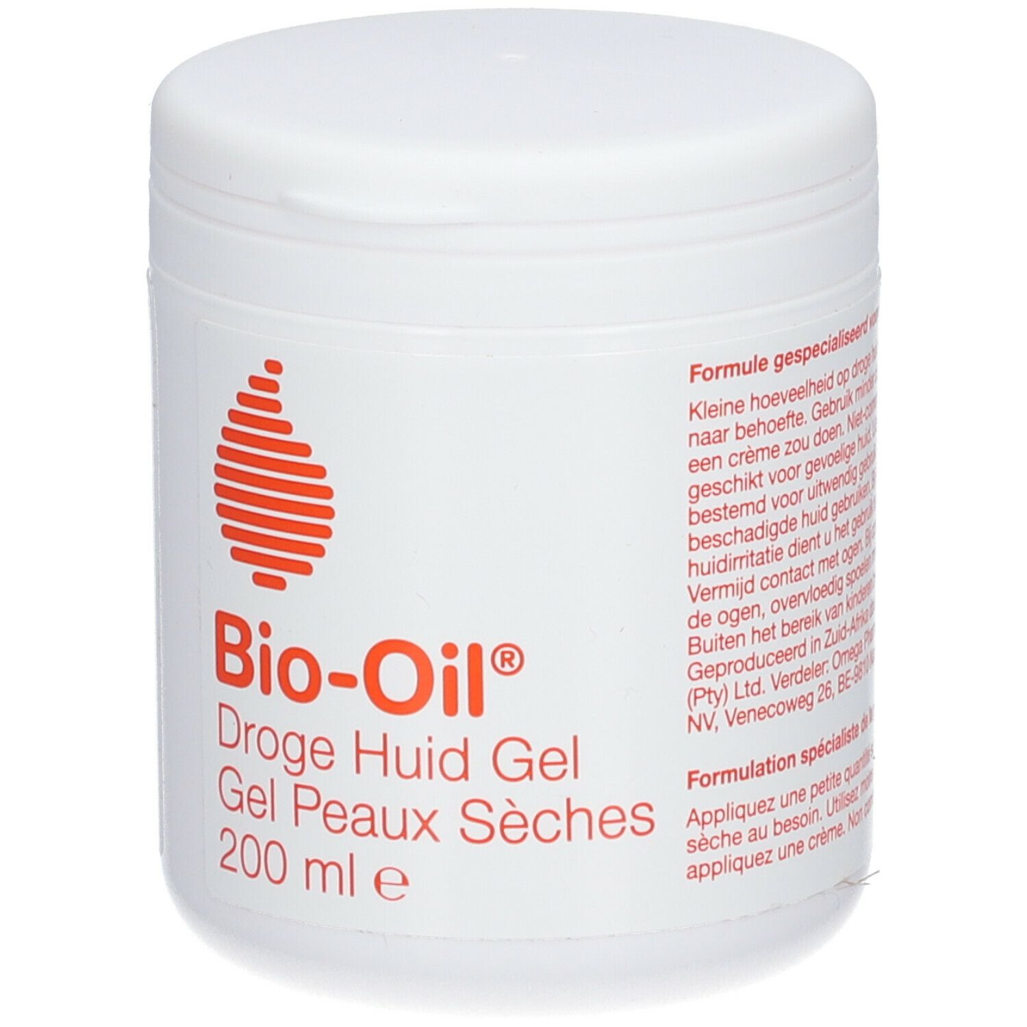 Pot blanc avec logo rouge et texte. Nom du produit : Bio-Oil® Gel pour peaux sèches. 200 ml.