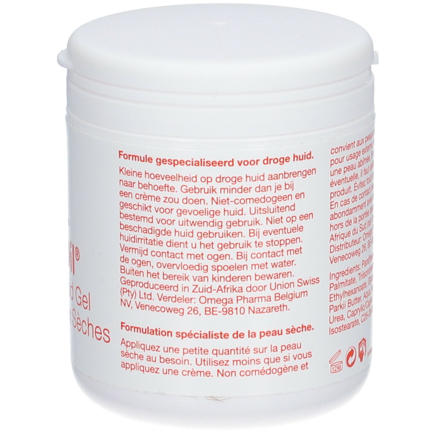 Dos du pot blanc. Informations sur le produit et texte. Texte en plusieurs langues.