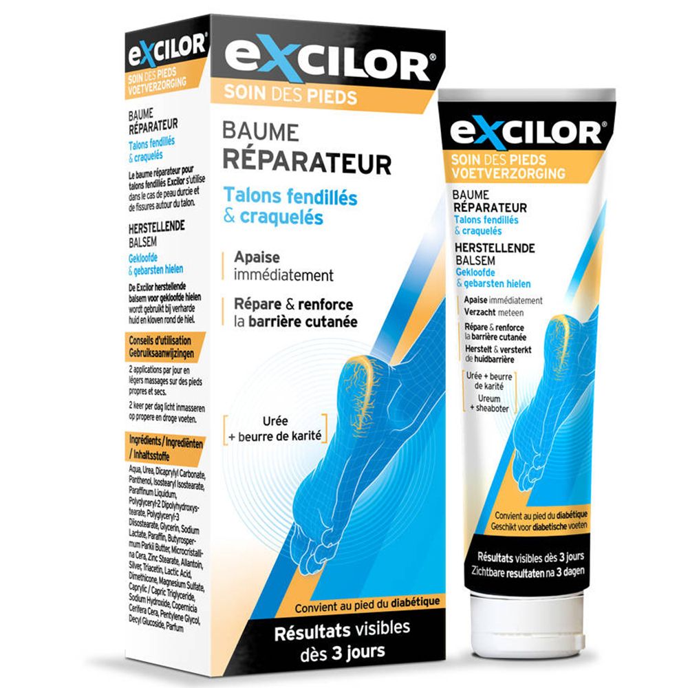 eXcilor® Baume Réparateur pour les pieds. Tube et boîte. Texte: Talons fendillés & craquelés. Contient Urée + beurre de karité. Résultats visibles en 3 jours.