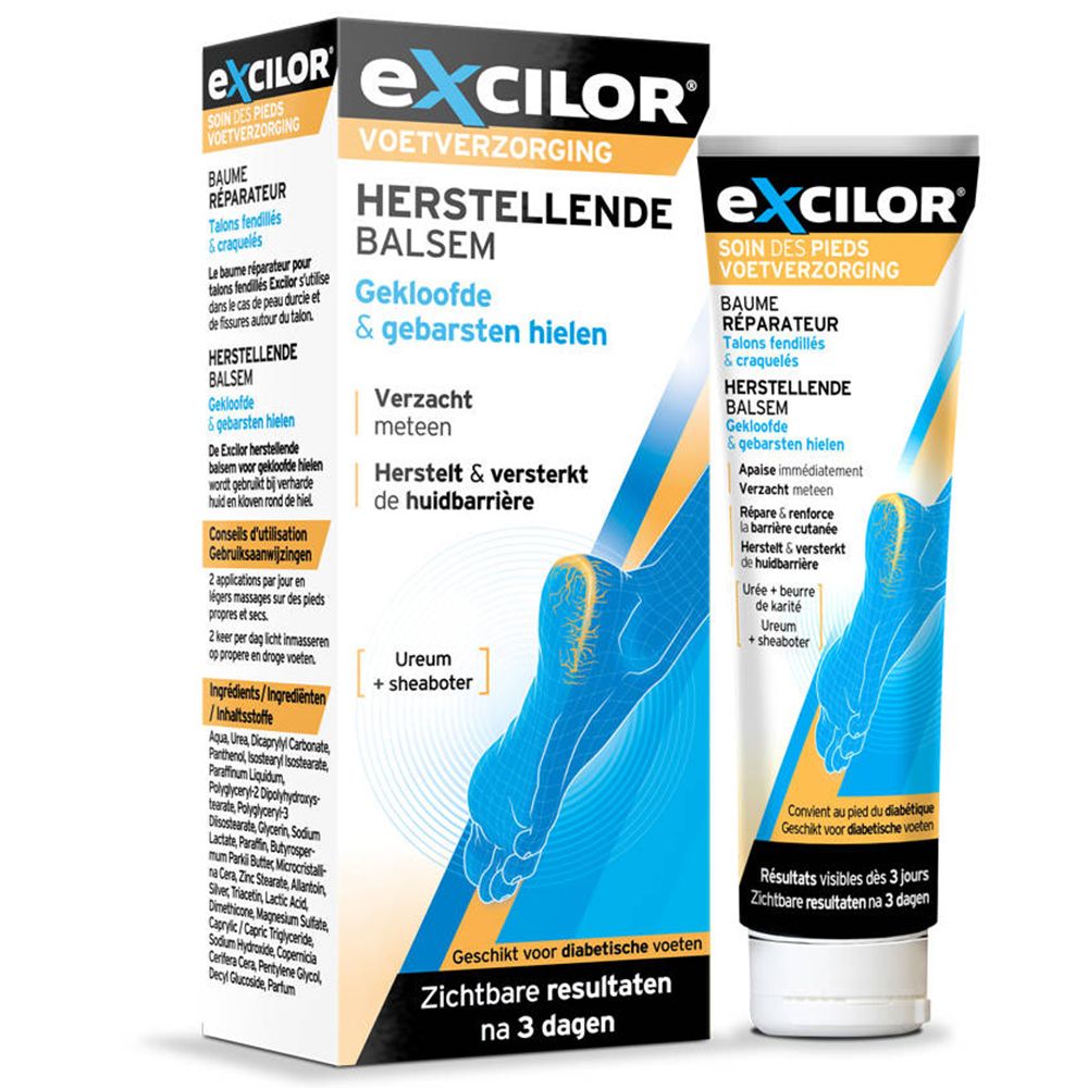 eXcilor® Baume Réparateur pour les pieds. Tube et boîte. Texte: Talons fendillés & craquelés. Contient Urée + beurre de karité. Résultats visibles en 3 jours.