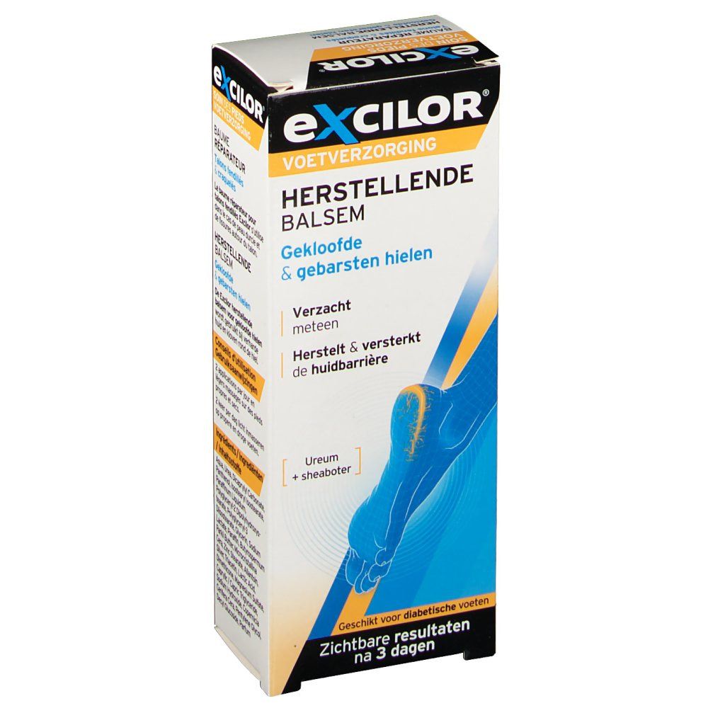 eXcilor® Herstellende Balsem. Boîte. Texte: Gekloofde & gebarsten hielen. Contient Urée + sheaboter. Convient aux pieds diabétiques.