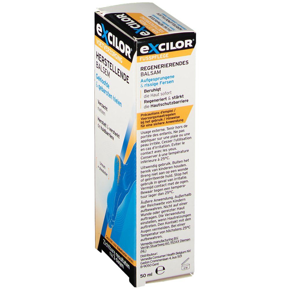 eXcilor® Soin des pieds. Boîte. Texte: Baume régénérant, talons fendillés. 50 ml. Précautions d'emploi et conseils d'utilisation.