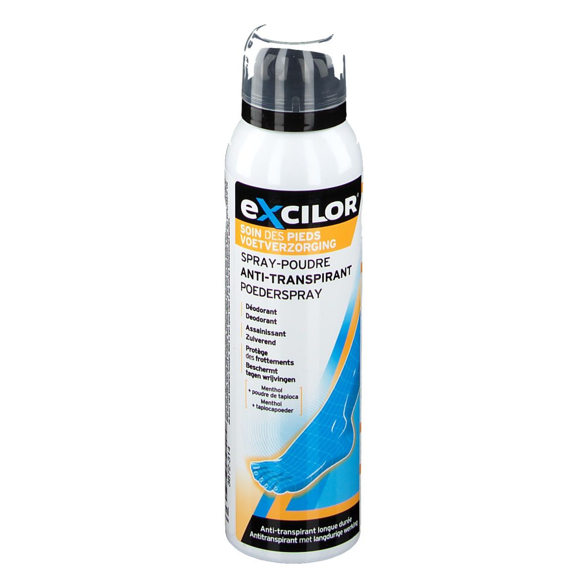Spray blanc avec bouchon noir. Inscription: eXcilor, Spray-Poudre Anti-Transpirant. Illustration de pied.