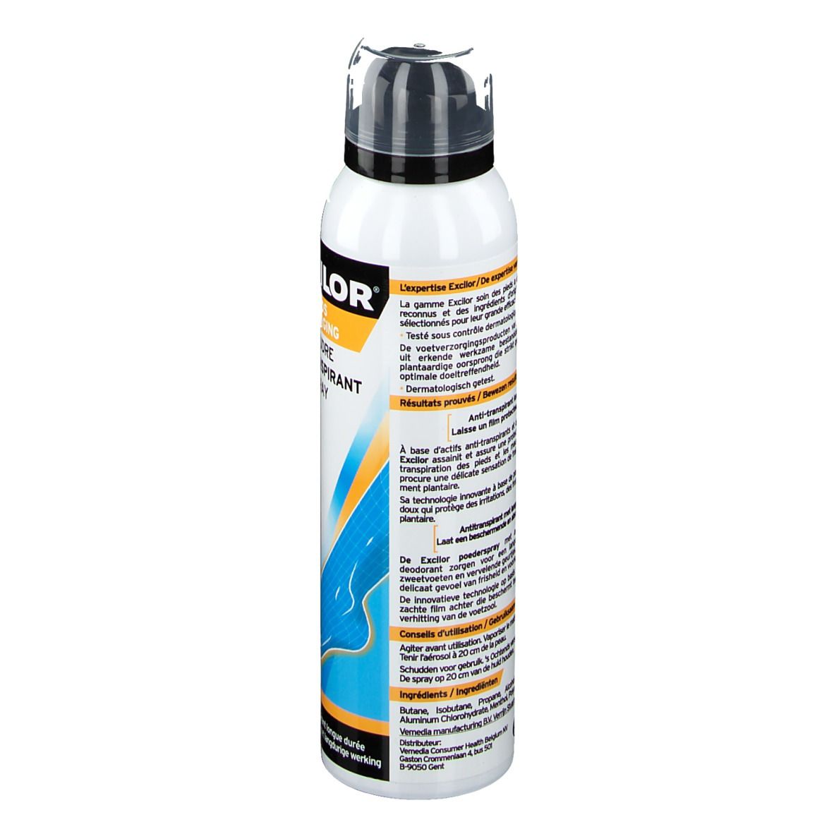 Dos du spray. Texte multilingue. Contient des informations sur le produit et les ingrédients.