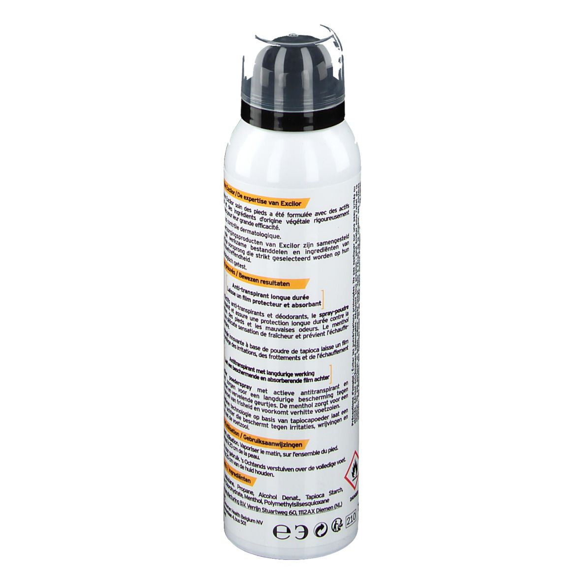 Dos du spray. Texte multilingue. Contient des informations sur le produit et les ingrédients.