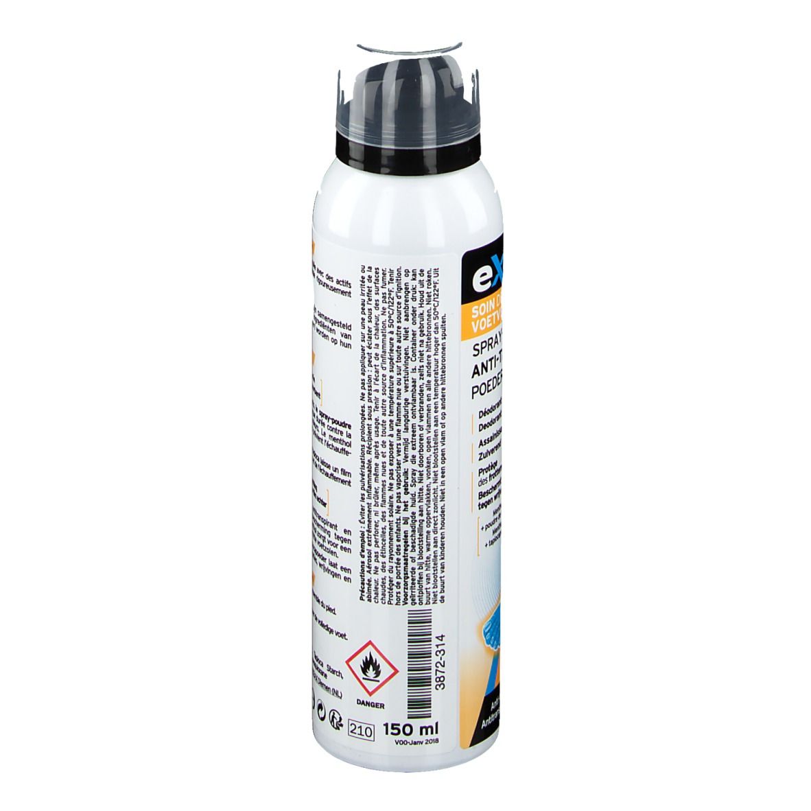 Spray avec bouchon noir. Inscription: eXcilor, Spray-Poudre Anti-Transpirant. Volume: 150 ml.