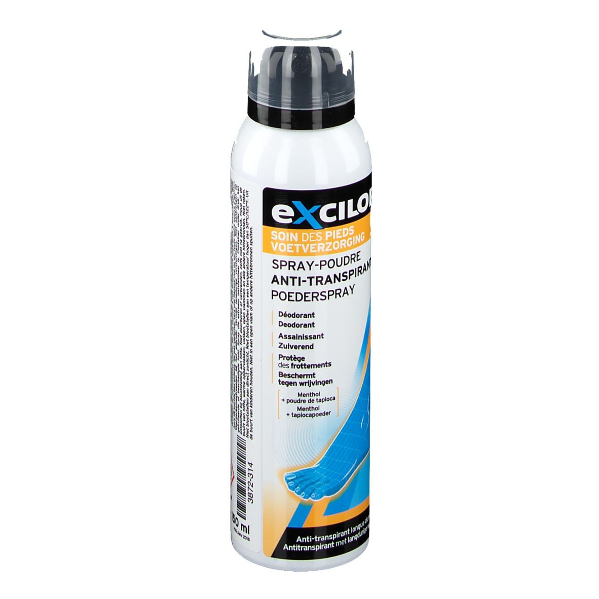 Spray blanc avec bouchon noir. Inscription: eXcilor, Spray-Poudre Anti-Transpirant. Illustration de pied.