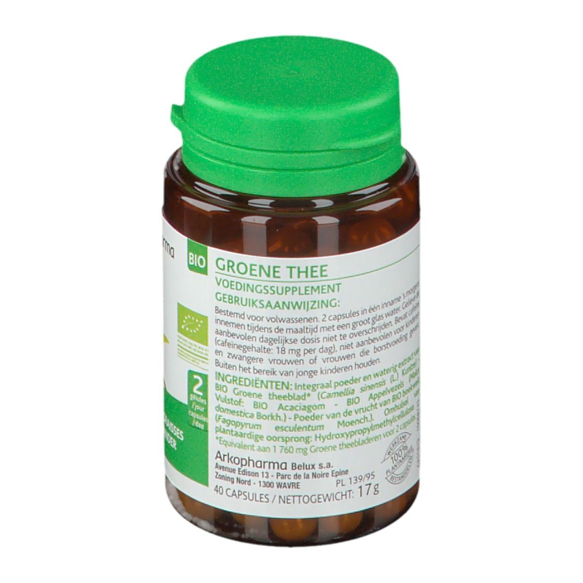 Flacon marron avec bouchon vert. Inscription: Groene Thee, Voedingssupplement. Logo Arkopharma.