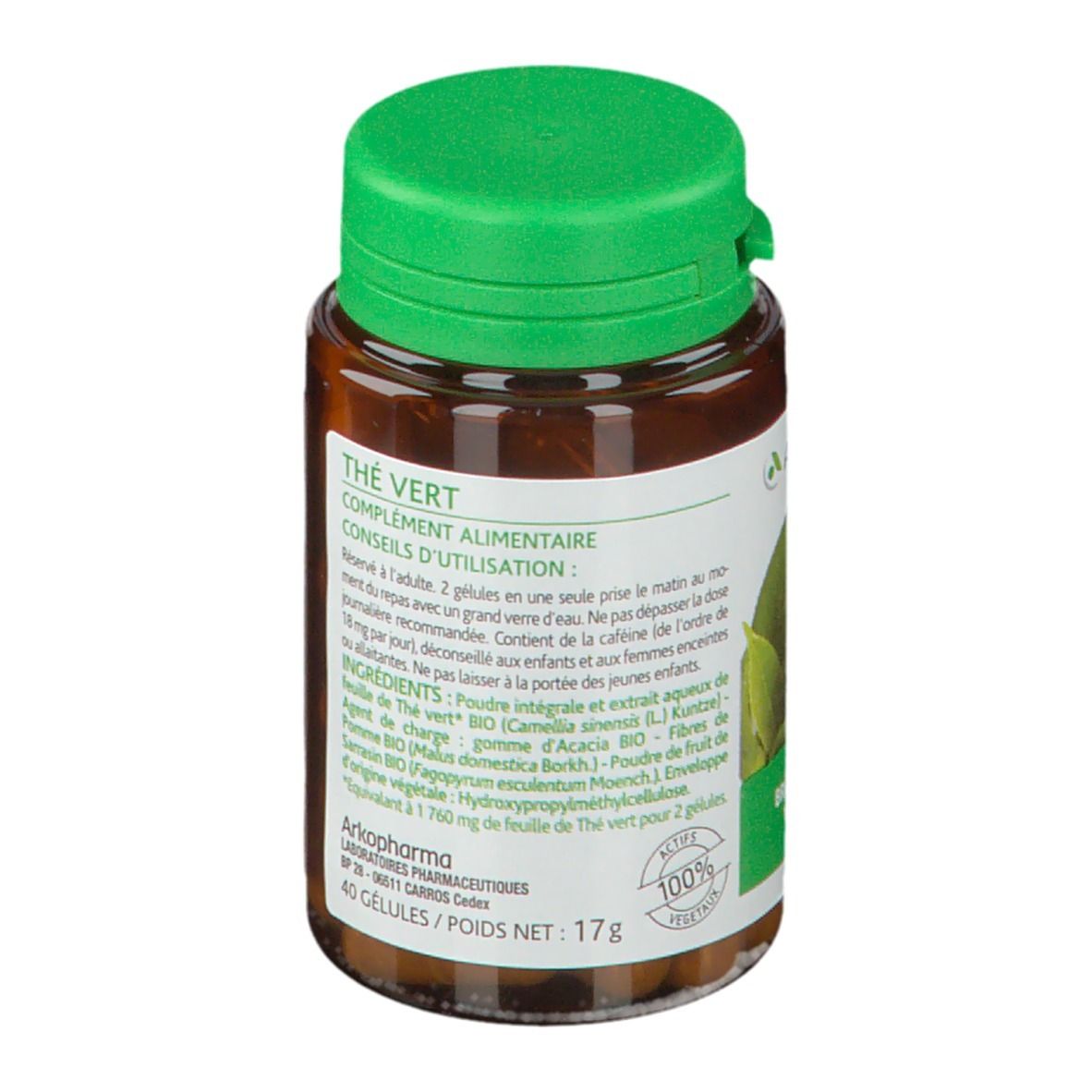 Flacon marron avec bouchon vert. Inscription: Thé Vert, 40 gélules. Logo Arkopharma.