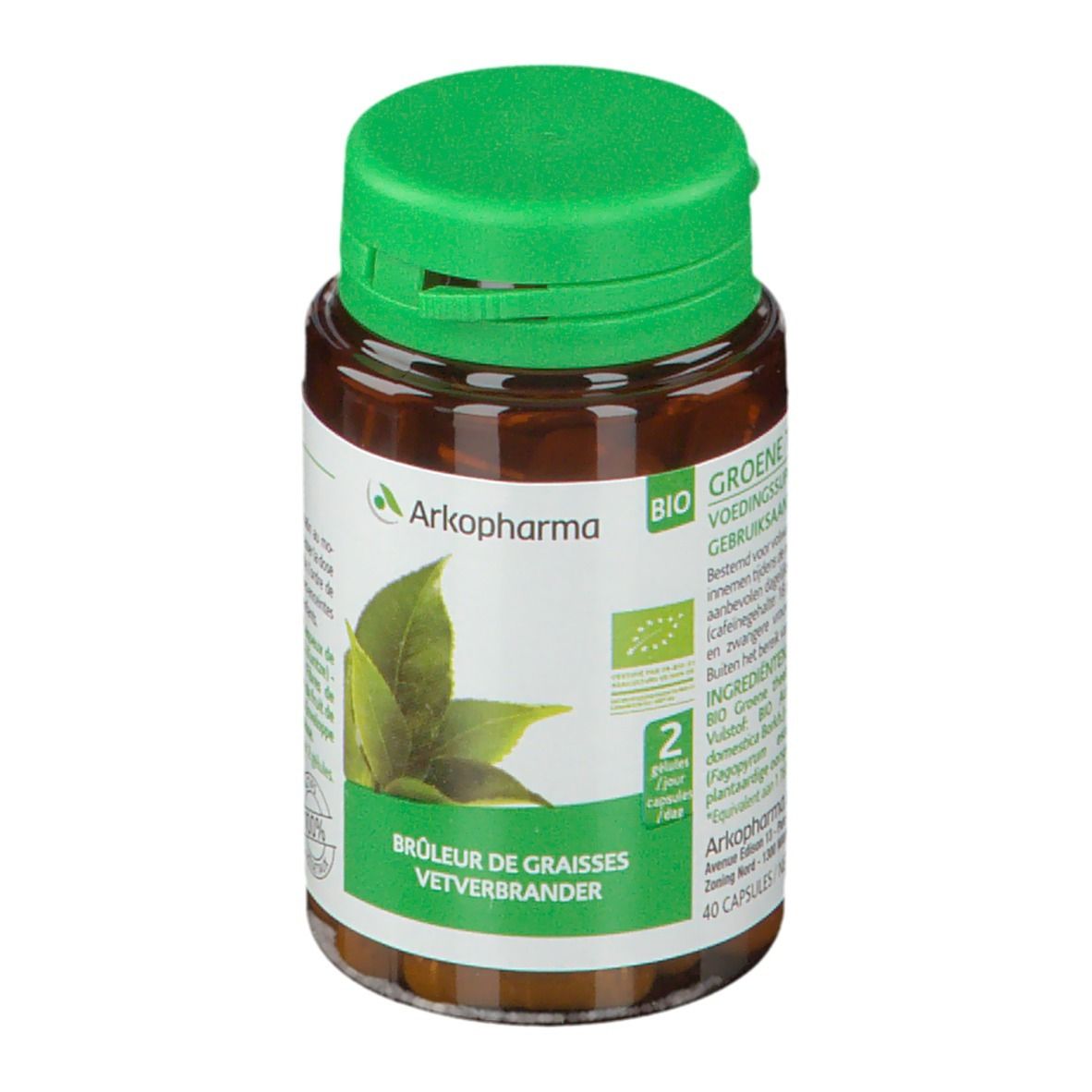 Flacon marron avec bouchon vert. Inscription: Groene Thee, Brûleur de graisses. Logo Arkopharma.