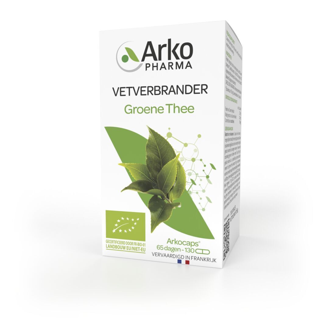 Weiße Schachtel mit grünen Akzenten. Aufschrift: Arko Pharma, Vetverbrander Groene Thee, Arkocaps, 65 dagen, 130 capsules.