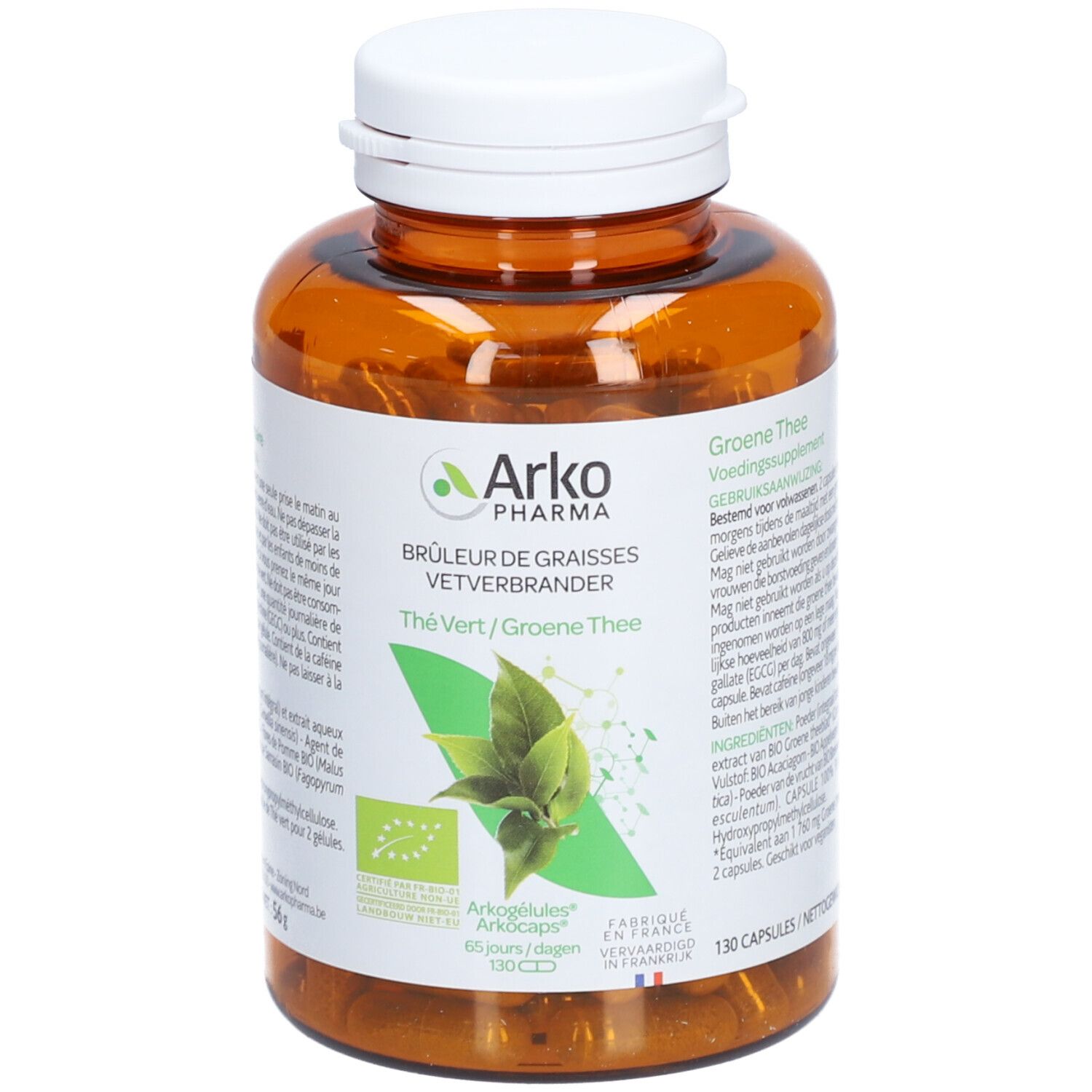 Braune Flasche mit weißen Deckel. Aufschrift: Arko Pharma, Thé Vert/Grüne Thee. 130 Kapseln. Bio-Siegel.