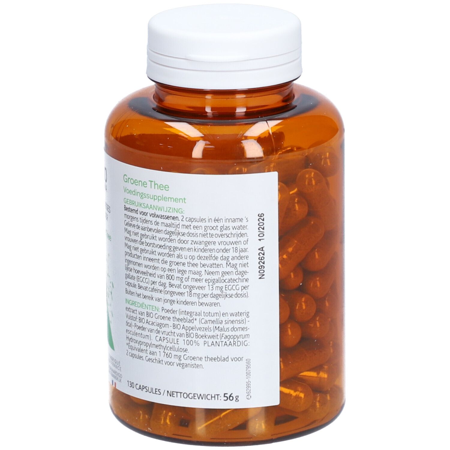 Rückseite der braunen Flasche mit weißen Deckel. Aufschrift: Groene Thee, 130 capsules/nettogewicht 56g. Inhaltsstoffe.