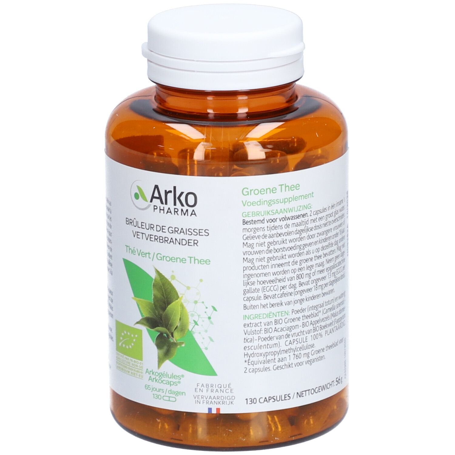 Braune Flasche mit weißen Deckel. Aufschrift: Arko Pharma, Thé Vert/Grüne Thee. 130 Kapseln. Bio-Siegel.
