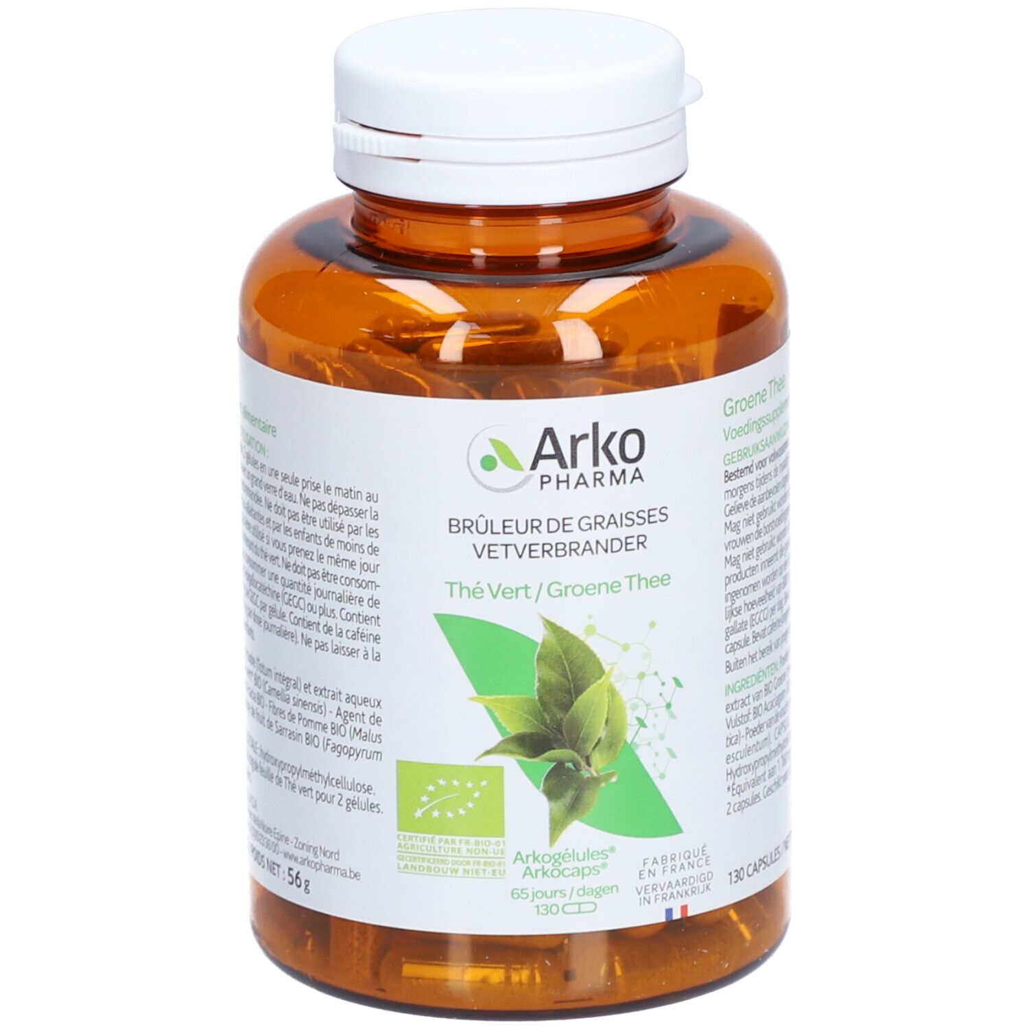 Braune Flasche mit weißen Deckel. Aufschrift: Arko Pharma, Thé Vert/Grüne Thee. 130 Kapseln. Bio-Siegel.