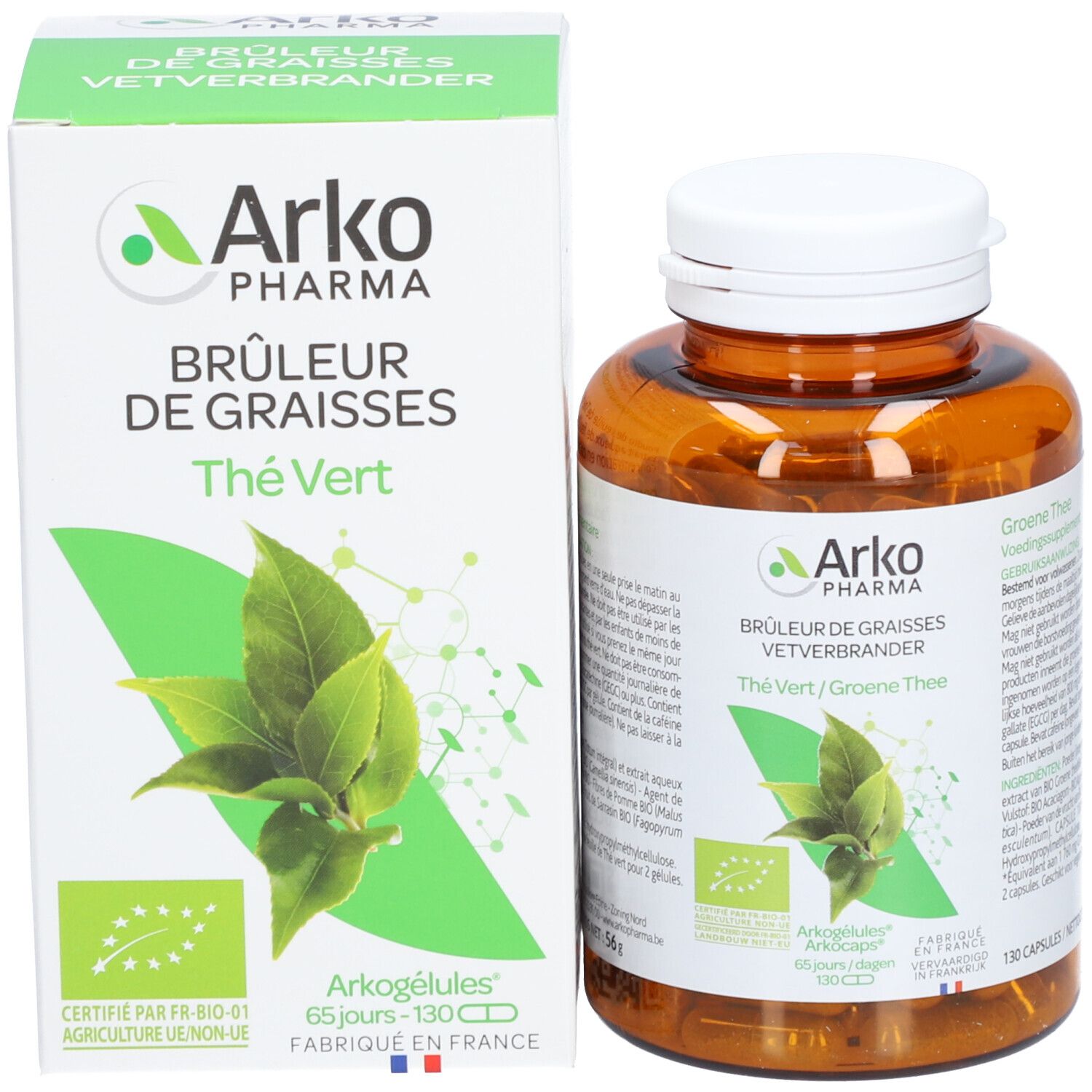 Produktverpackung und Flasche. Weiße Schachtel mit grünen Akzenten. Flasche: Arko Pharma, Thé Vert, 130 Kapseln.