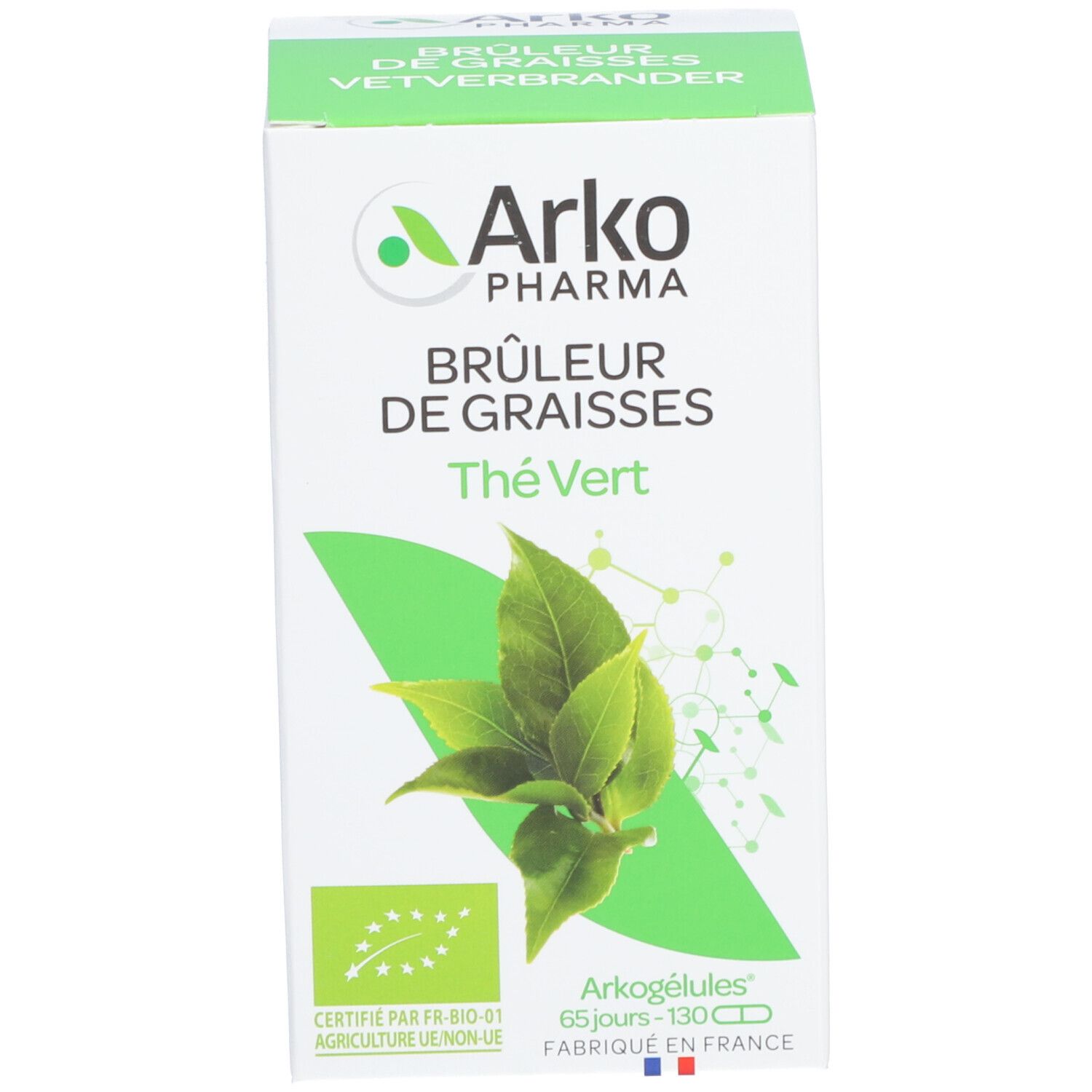 Weiße Schachtel mit grünen Akzenten. Aufschrift: Arko Pharma, Thé Vert, Arkogélules, 65 jours, 130 gélules.