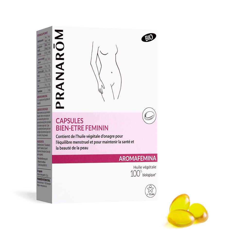 Boîte de capsules. Inscription: Capsules Bien-Être Féminin. Contient de l'huile végétale. Label bio. Quelques gélules à côté.