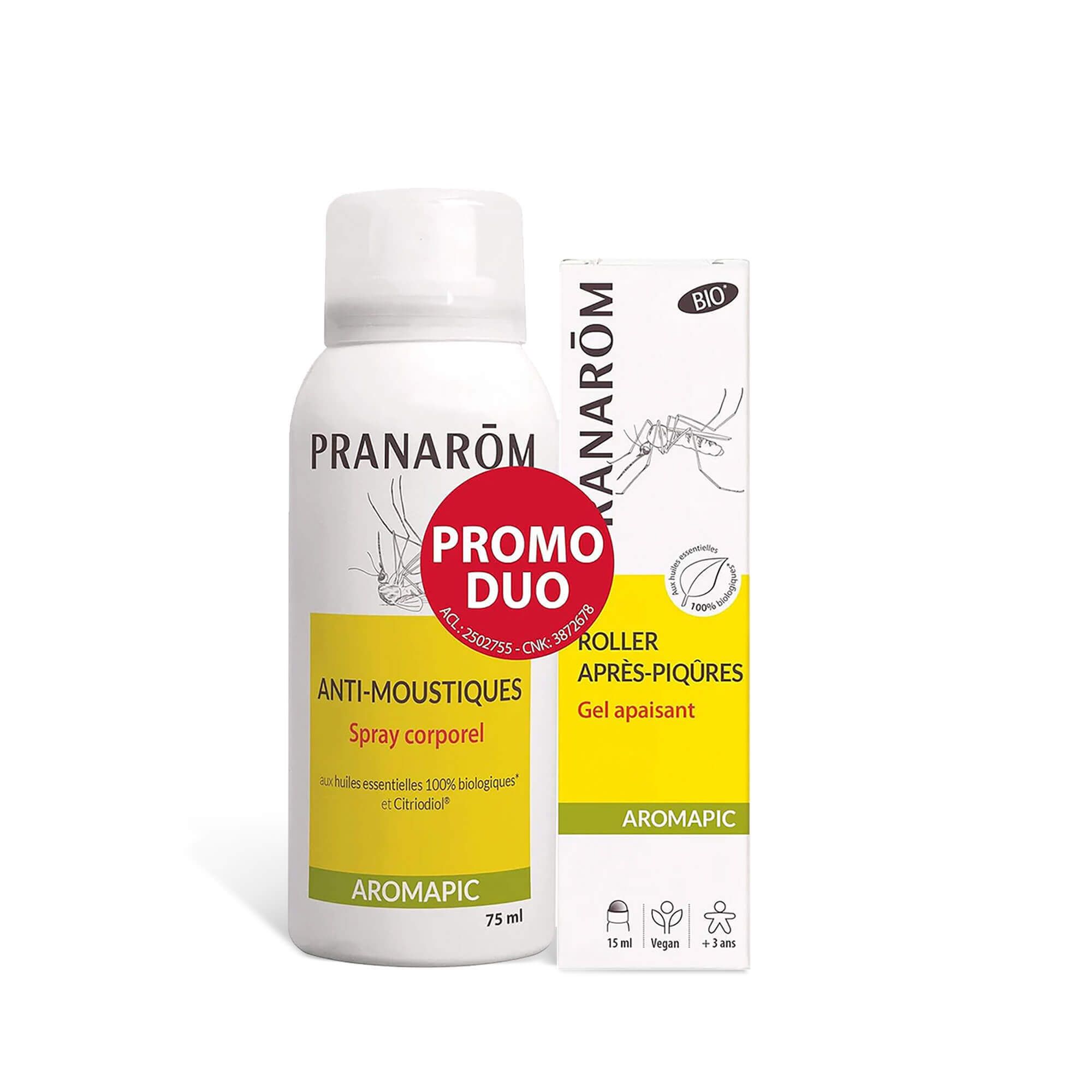 Spray- en roll-on set. Spray met geel etiket, tekst ANTI-MOUSTIQUES. Roll-on doos met BIO logo. Rode promo sticker.