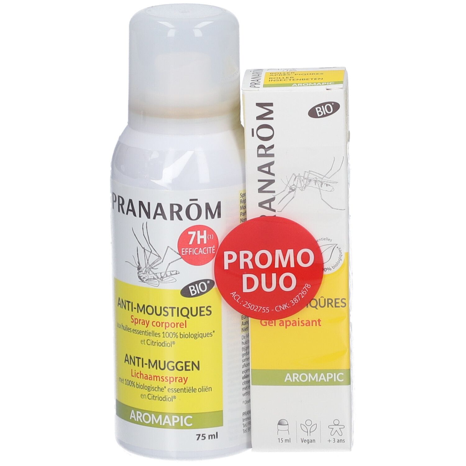 Spray- en roll-on set. Spray met geel etiket, tekst ANTI-MOUSTIQUES. Roll-on doos met BIO logo. Rode promo sticker.