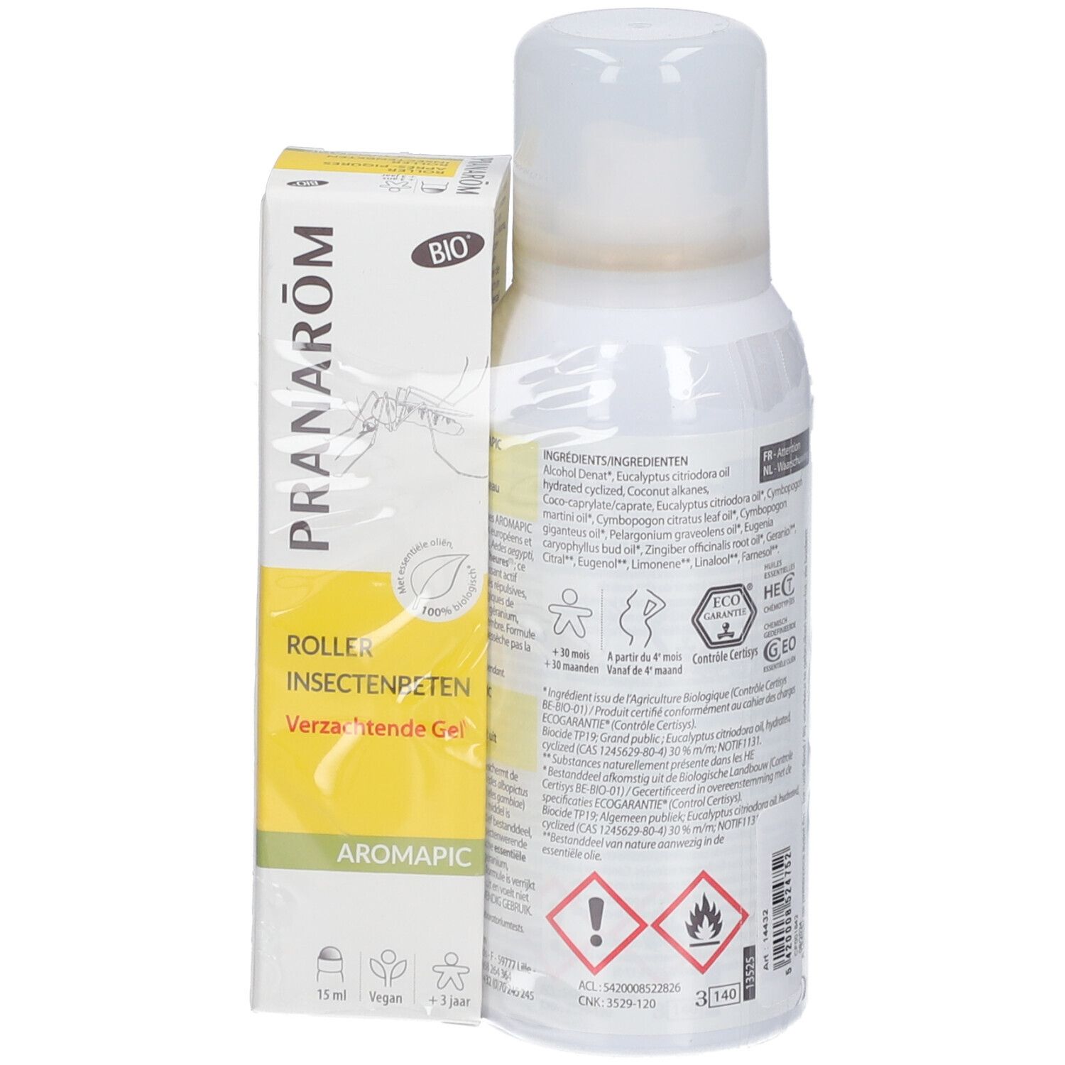 Spray- en roll-on set in folieverpakking. Roll-on doos met BIO logo. Spray met geel etiket. Achterkant met tekst en ingrediënten.