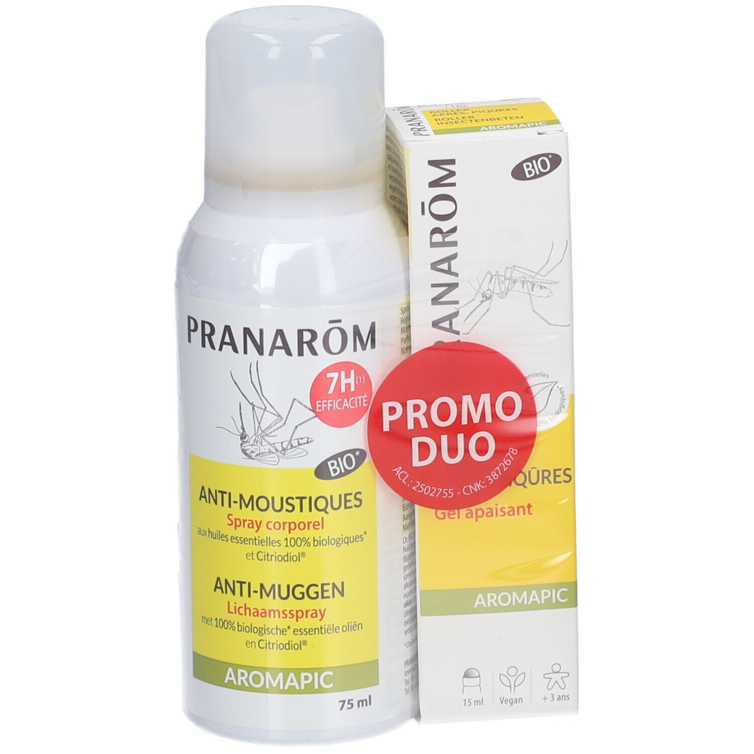 Spray- en roll-on set. Spray met geel etiket, tekst ANTI-MOUSTIQUES. Roll-on doos met BIO logo. Rode promo sticker.