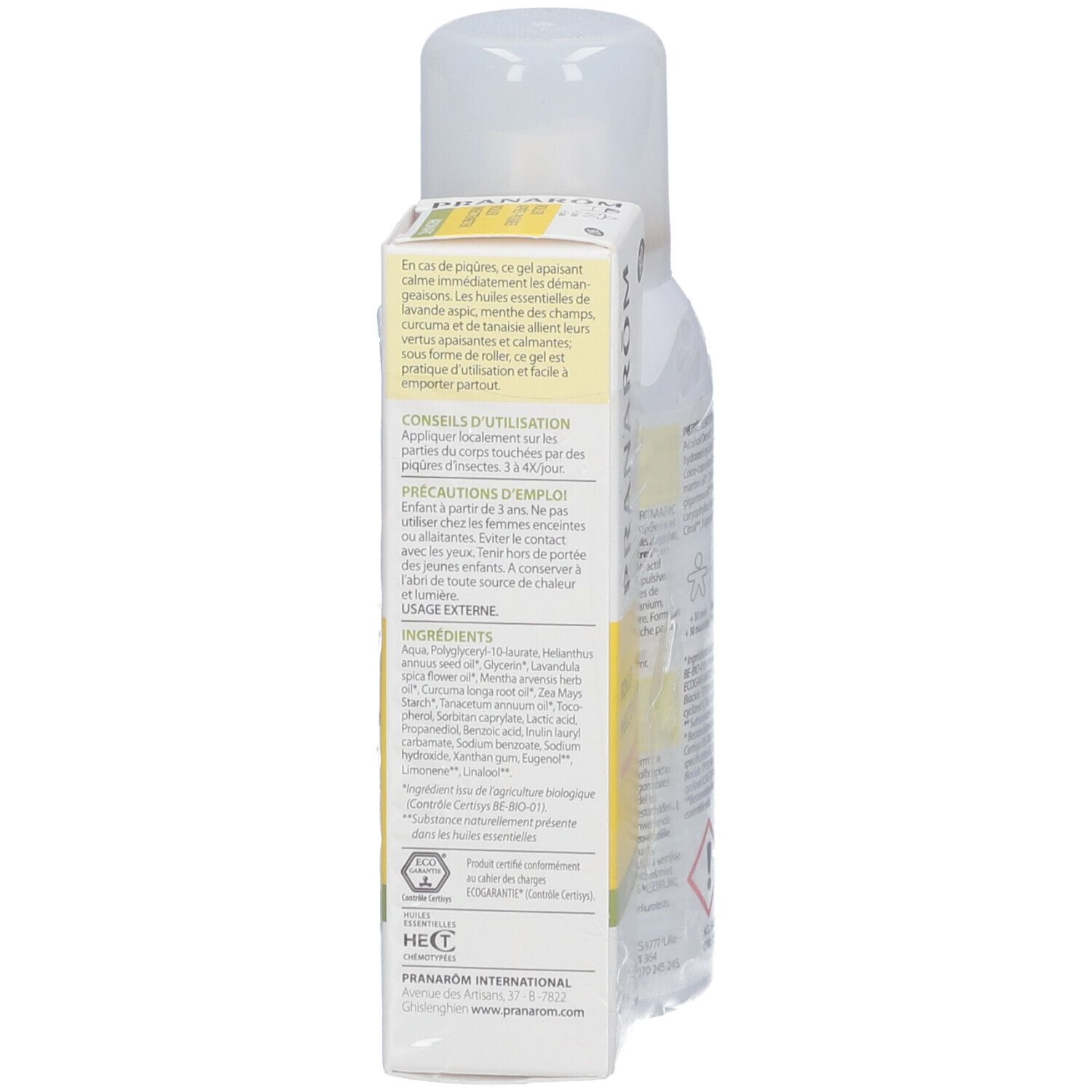 Achterkant van de roll-on en spray set. Tekst en ingrediënten op de roll-on doos. Waarschuwingen en tekst op de sprayfles.