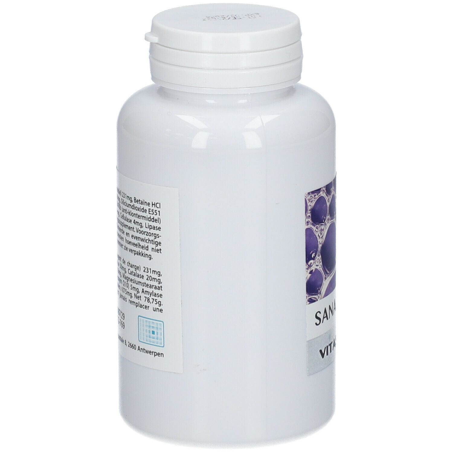 Flacon blanc avec bouchon à vis. Étiquette avec texte et motif bulles violettes. Nom du produit SANAZYMAX et VITASWITCH.