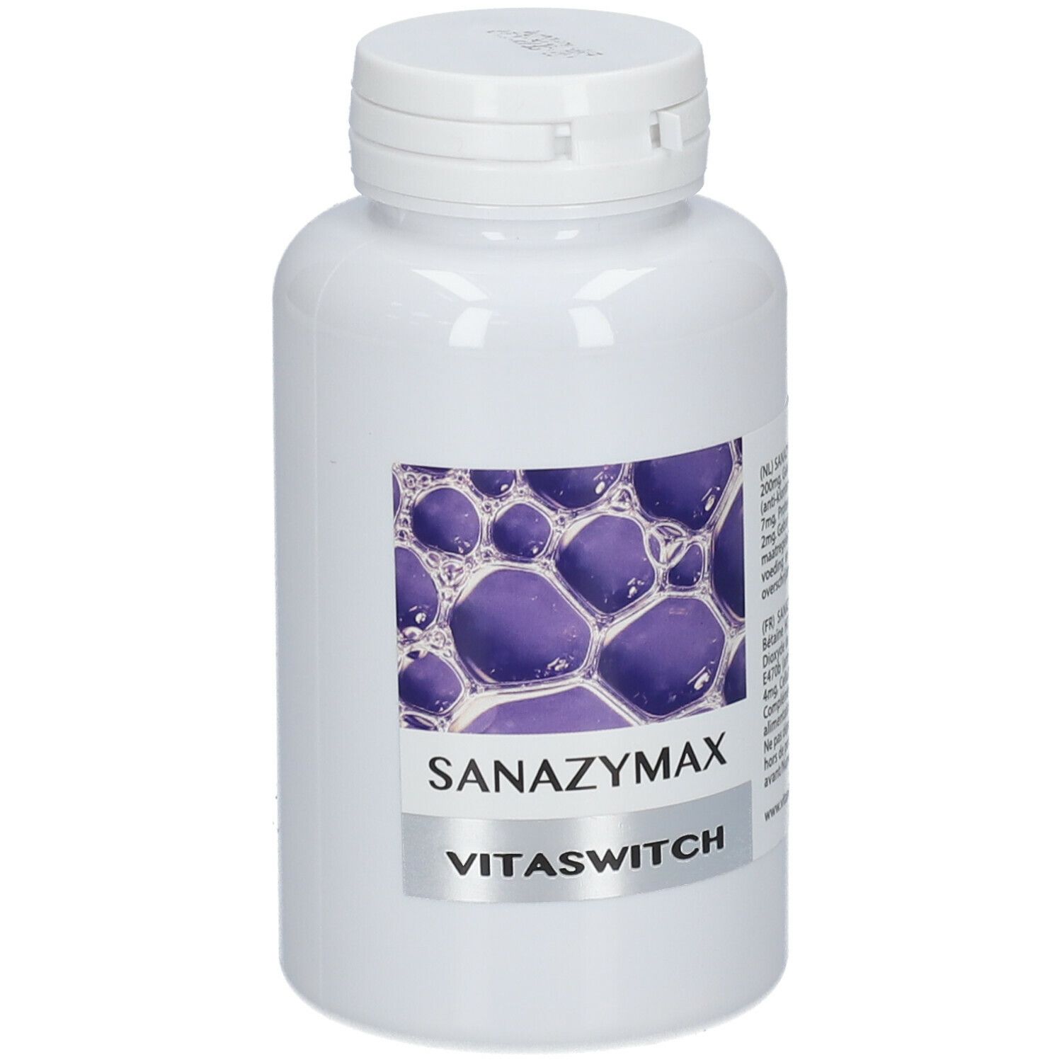 Flacon blanc à bouchon vissé. Étiquette avec motif bulles violettes, inscriptions SANAZYMAX et VITASWITCH.