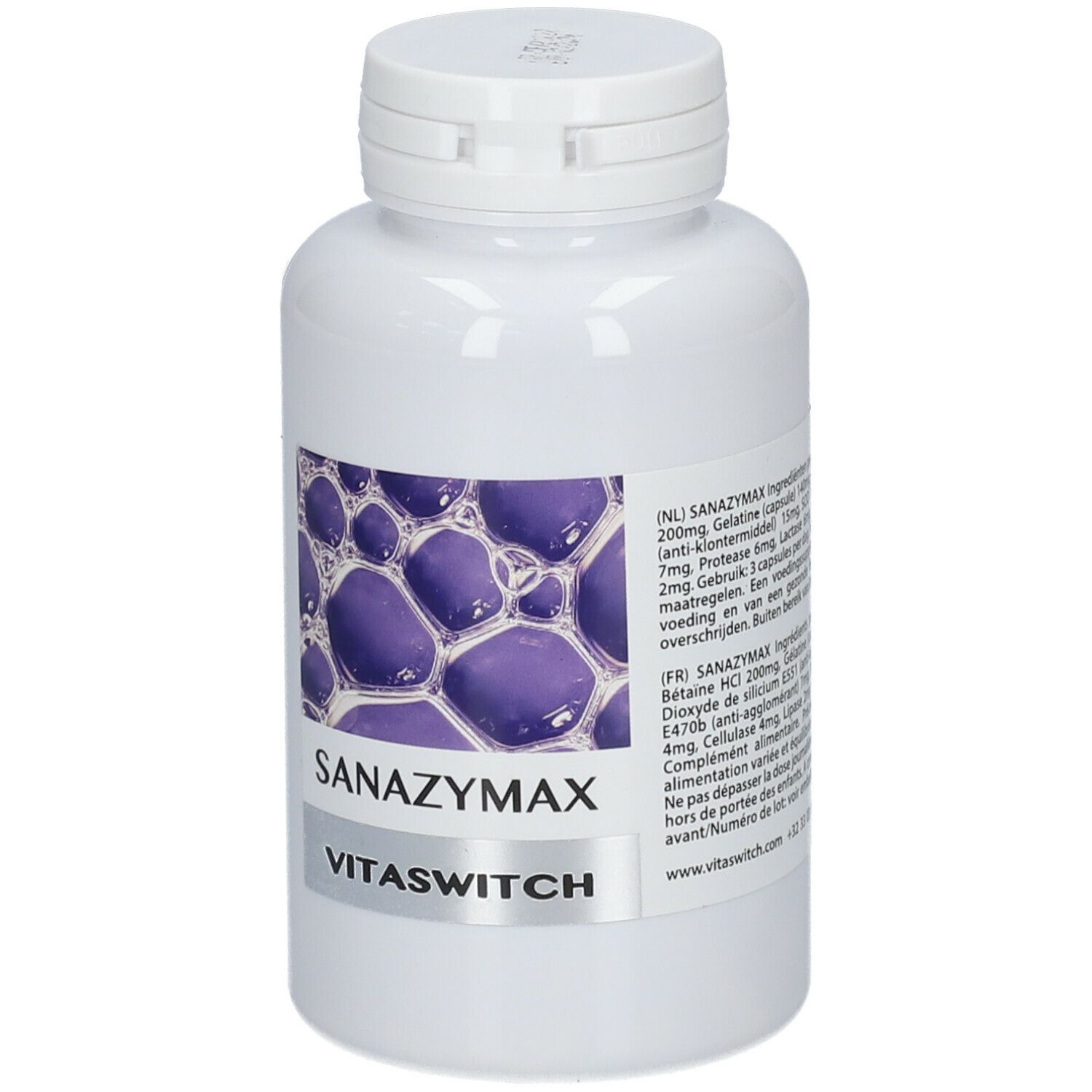 Flacon blanc avec bouchon à vis. Étiquette avec texte, ingrédients et motif bulles violettes. SANAZYMAX et VITASWITCH.