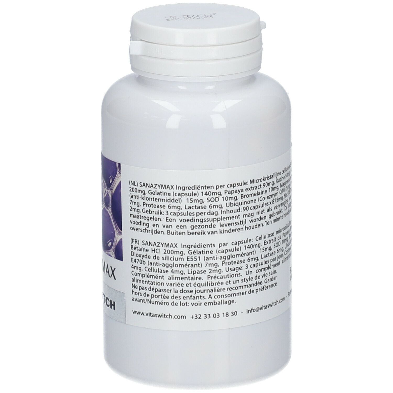 Flacon blanc avec bouchon à vis. Étiquette avec texte, ingrédients et motif bulles violettes. SANAZYMAX et VITASWITCH.