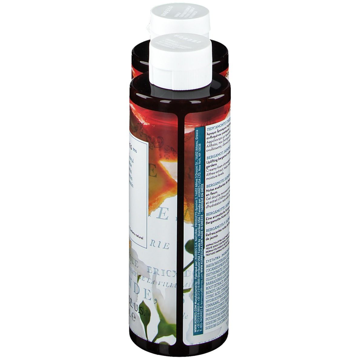 Zwei Duschgelflaschen, Rückansicht. Etiketten mit Produktinformationen und floralem Design. Weiße Deckel.