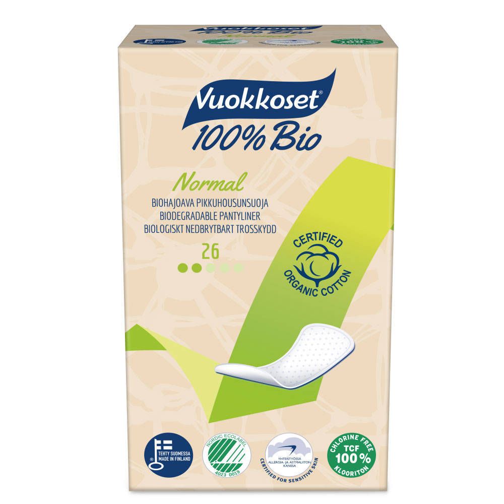 Paquet de Vuokkoset® 100% Bio Normal Einlagen. Contient 26 unités. Certifié coton biologique.