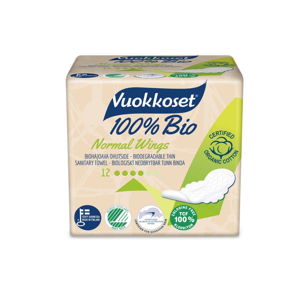 Paquet de Vuokkoset 100% Bio Normal Wings, 12 unités. Avec ailettes. Coton biologique certifié. Sans chlore.