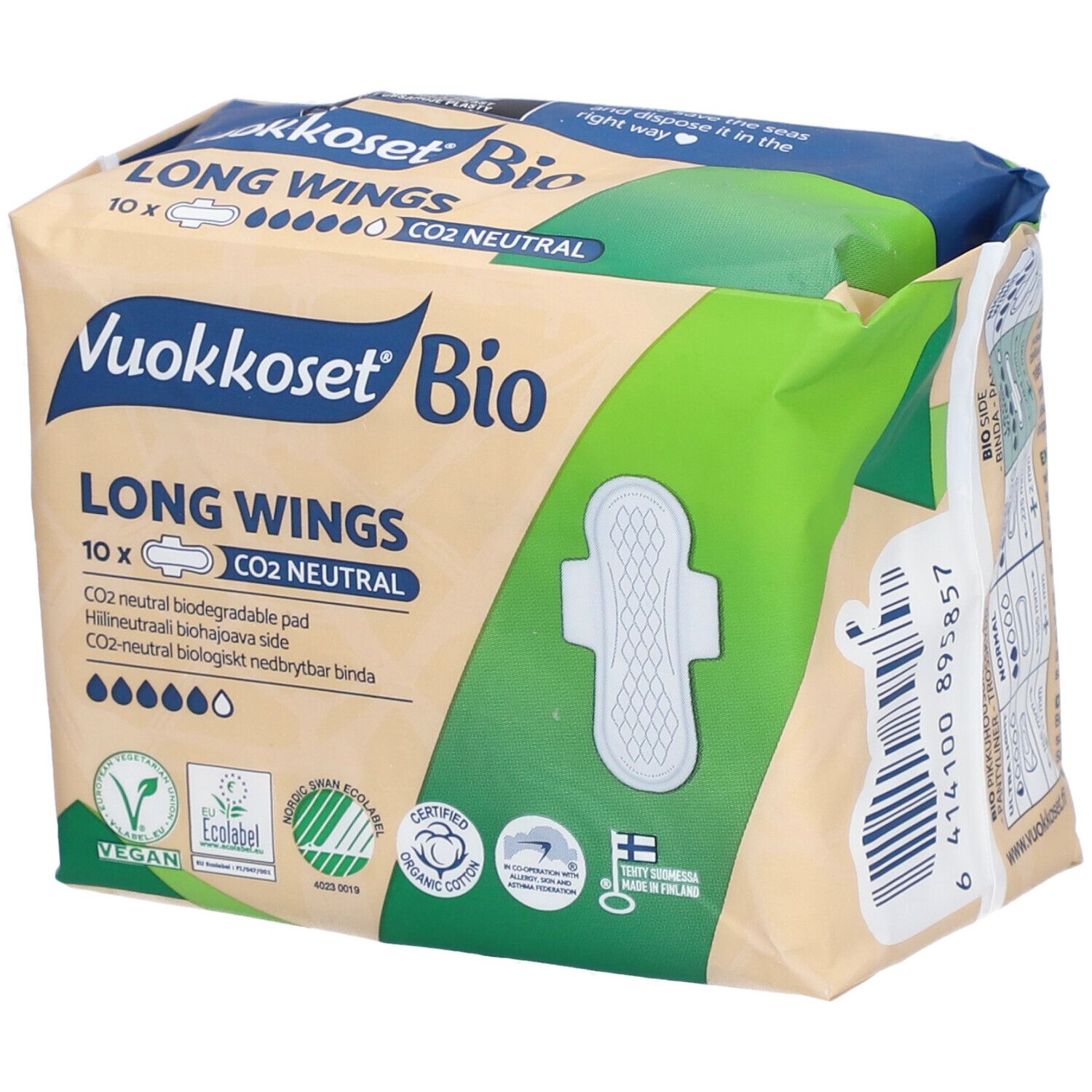Verpakking Vuokkoset Bio Long Wings. 10 maandverbanden, CO2-neutraal, met vleugels. Vegan, ecolabel, biologisch katoen.