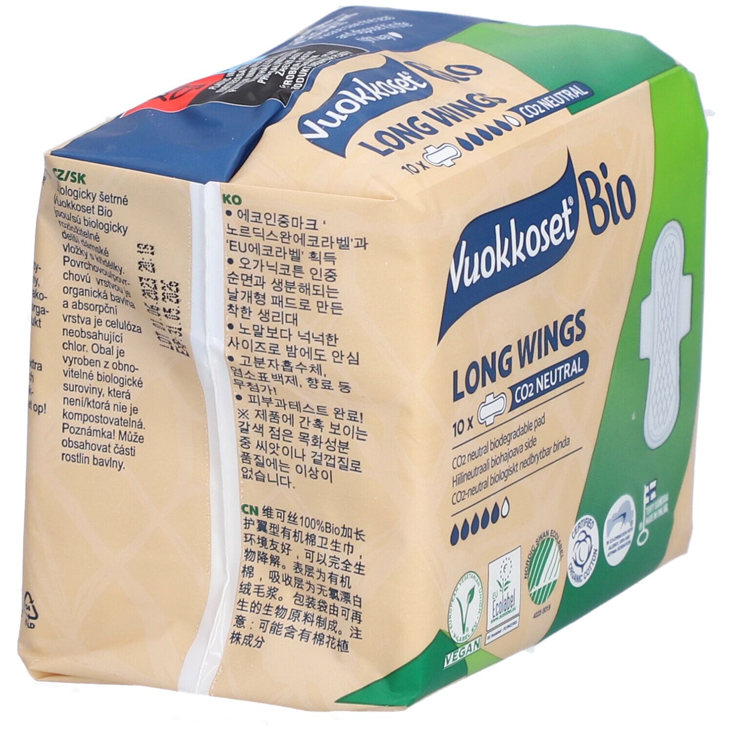 Verpakking Vuokkoset Bio Long Wings. Meertalige tekst. Vegan-keurmerk, ecolabel, biologisch katoen. CO2-neutraal.