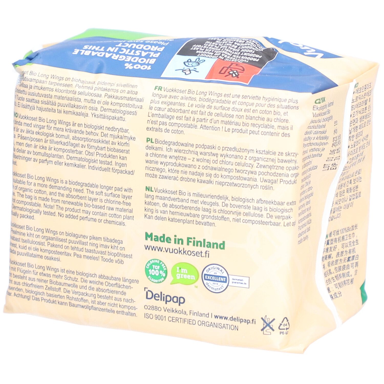 Achterkant verpakking Vuokkoset Bio Long Wings. Meertalige tekst. 100% biologisch afbreekbaar.