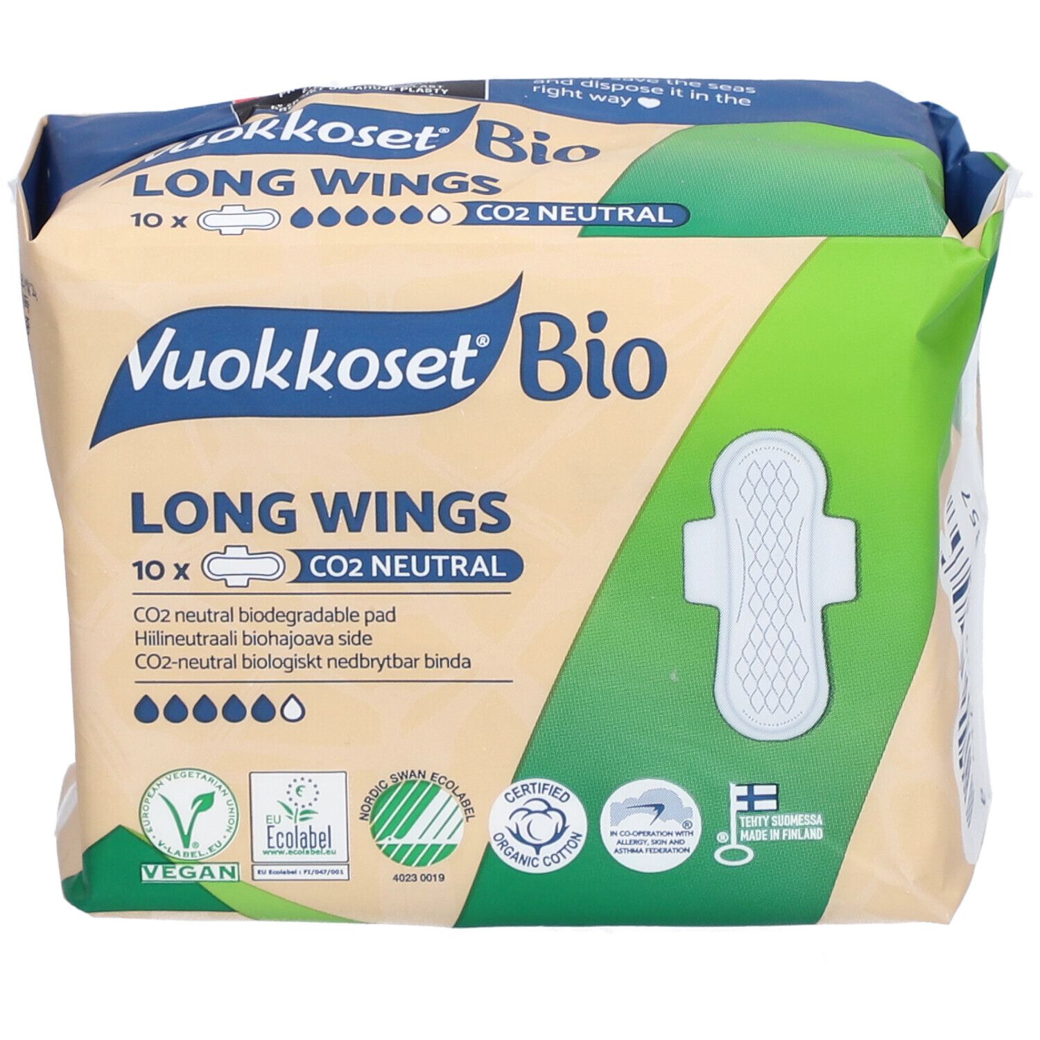 Verpakking Vuokkoset Bio Long Wings. 10 stuks, CO2-neutraal, met vleugels. Vegan, ecolabel, biologisch katoen.