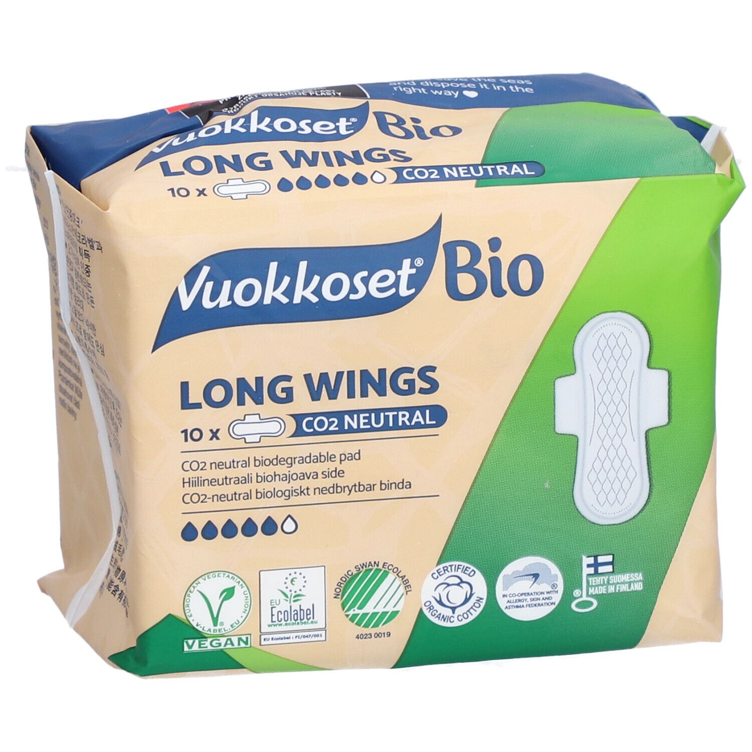 Verpakking Vuokkoset Bio Long Wings. 10 stuks, CO2-neutraal, met vleugels. Vegan, ecolabel, biologisch katoen.